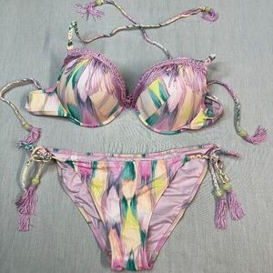 Victoria Secret Fringed Pushup Bikini Top sz 36D Bottom sz L RARE